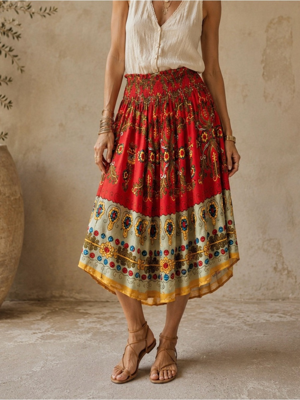 ALBERTO MAKALI Sequin Paisley Boho Midi‎ Skirt L Red Artsy Festival Party Resort